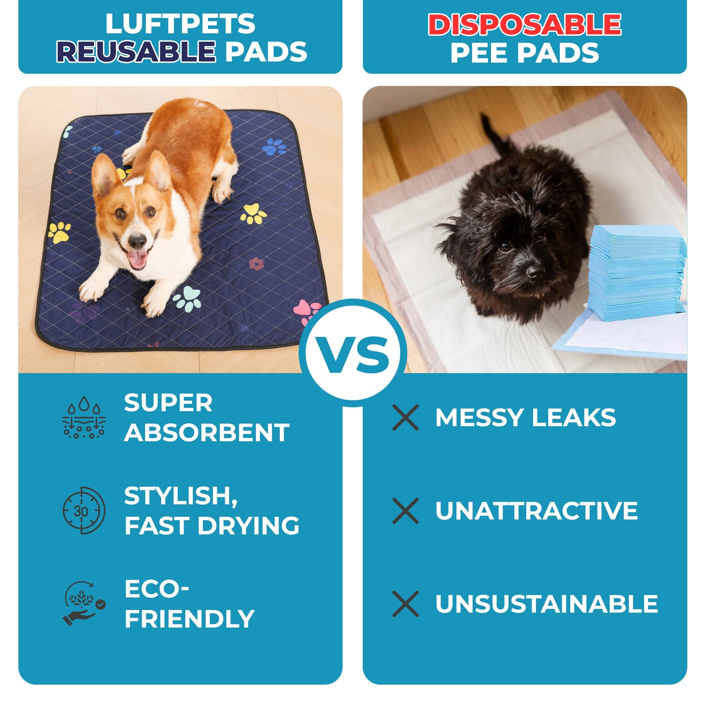 Washable Dog Pee Pads - Super Absorbent, Leakproof, Quick-Drying, Reusable Puppy Pads