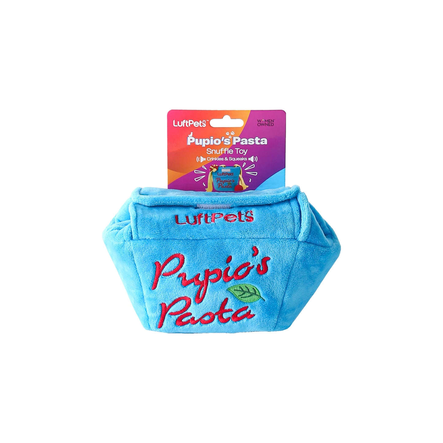 Blue snuffle toy with 'Pupio's Pasta' text and LuftPets branding on a white background