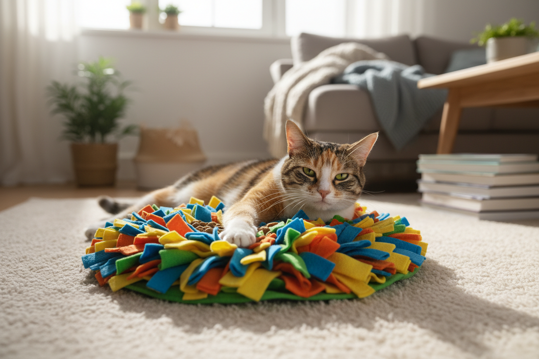 cat looking bored using a snuffle mat
