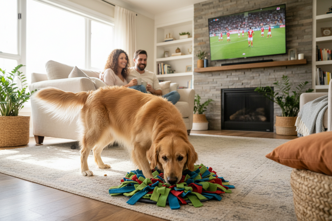 dog playing with a snuffle mat and pet parents watching a soccer game