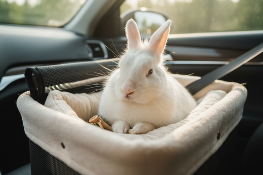 a rabbit in a car inside carrier