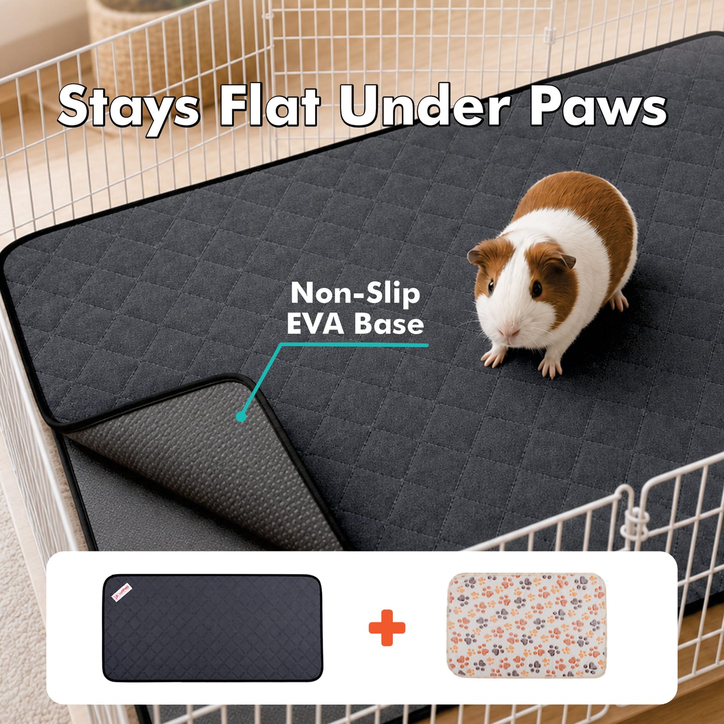 A small brown-and-white guinea pig stands on a dark gray quilted pet mat inside a white wire playpen. Large text reads 'Stays Flat Under Paws' and 'Non-Slip EVA Base,' with a product inset at the bottom showing the dark mat plus a floral liner.
