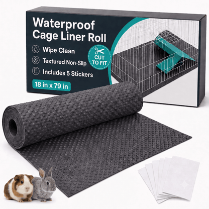 Roll of waterproof cage liner with packaging, stickers, and small animals on a white background