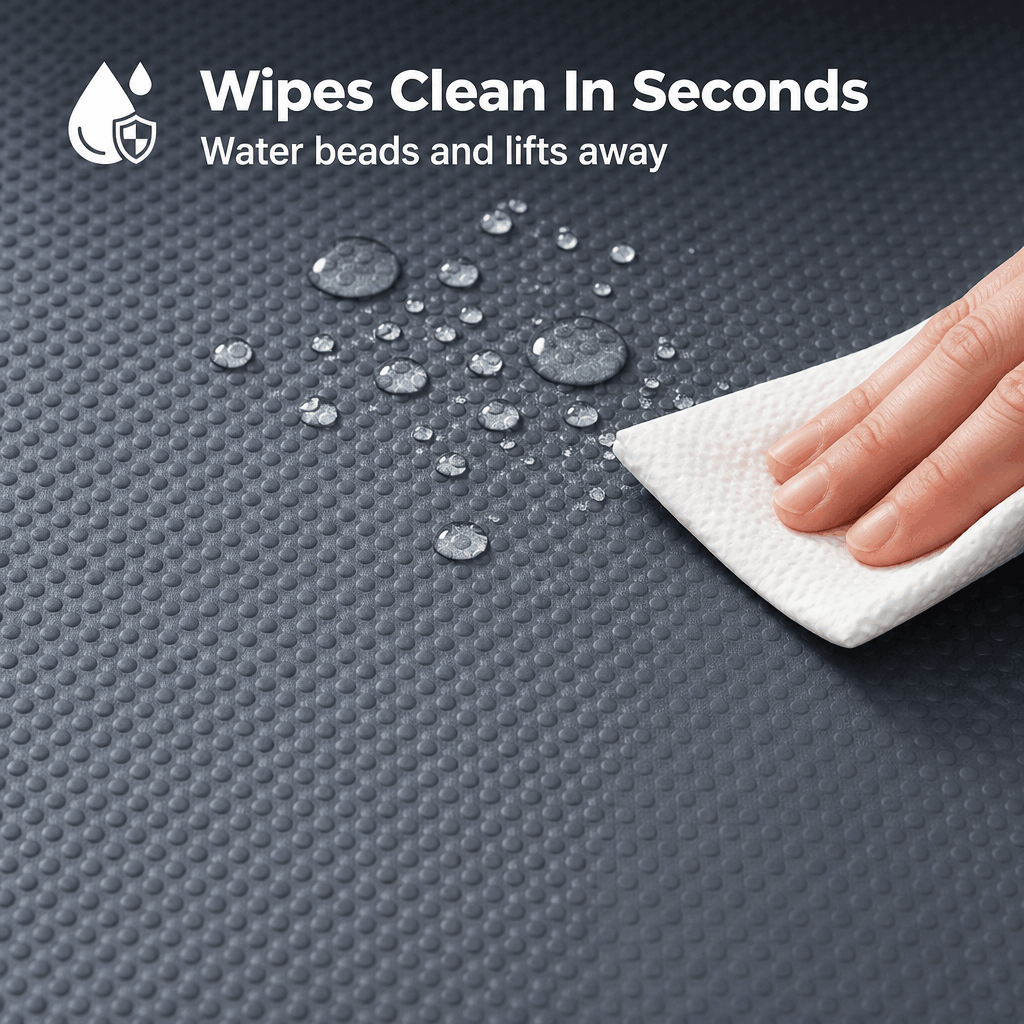 Hand using a white cloth to wipe water droplets off a textured dark surface, with text 'Wipes Clean In Seconds' and 'Water beads and lifts away'.