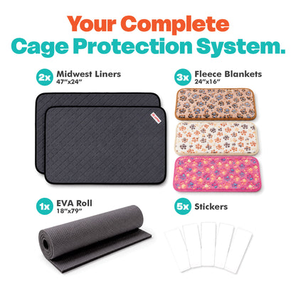 A product bundle graphic for a pet cage protection system on a white background. The set includes 2x black quilted Midwest Liners (47"x24"), 3x fleece blankets in different floral patterns (24"x16"), 1x a rolled black EVA mat (18"x79"), and 5x white protective stickers.