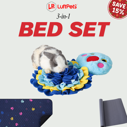 rabbit on a blue bird snuffle toy with rabbit cage mat and eva liner bedding