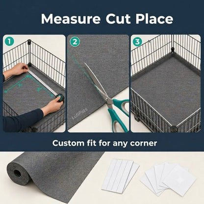 Step-by-step guide on measuring, cutting, and placing a gray mat for a pet playpen.
