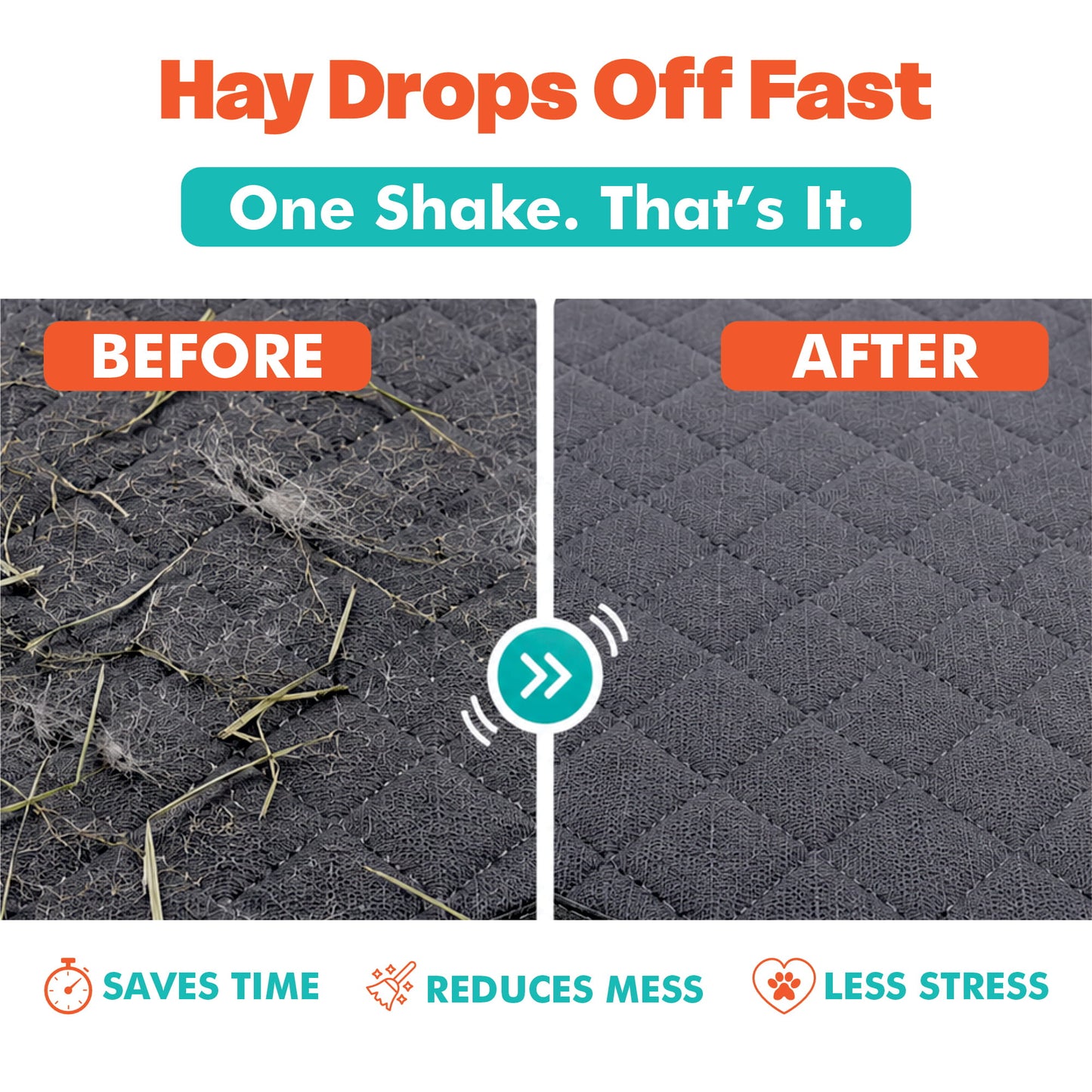 Promotional comparison graphic showing a dark quilted mat before and after cleaning. The left 'BEFORE' side shows loose hay and debris on the surface, while the right 'AFTER' side shows a clean, dust-free mat.