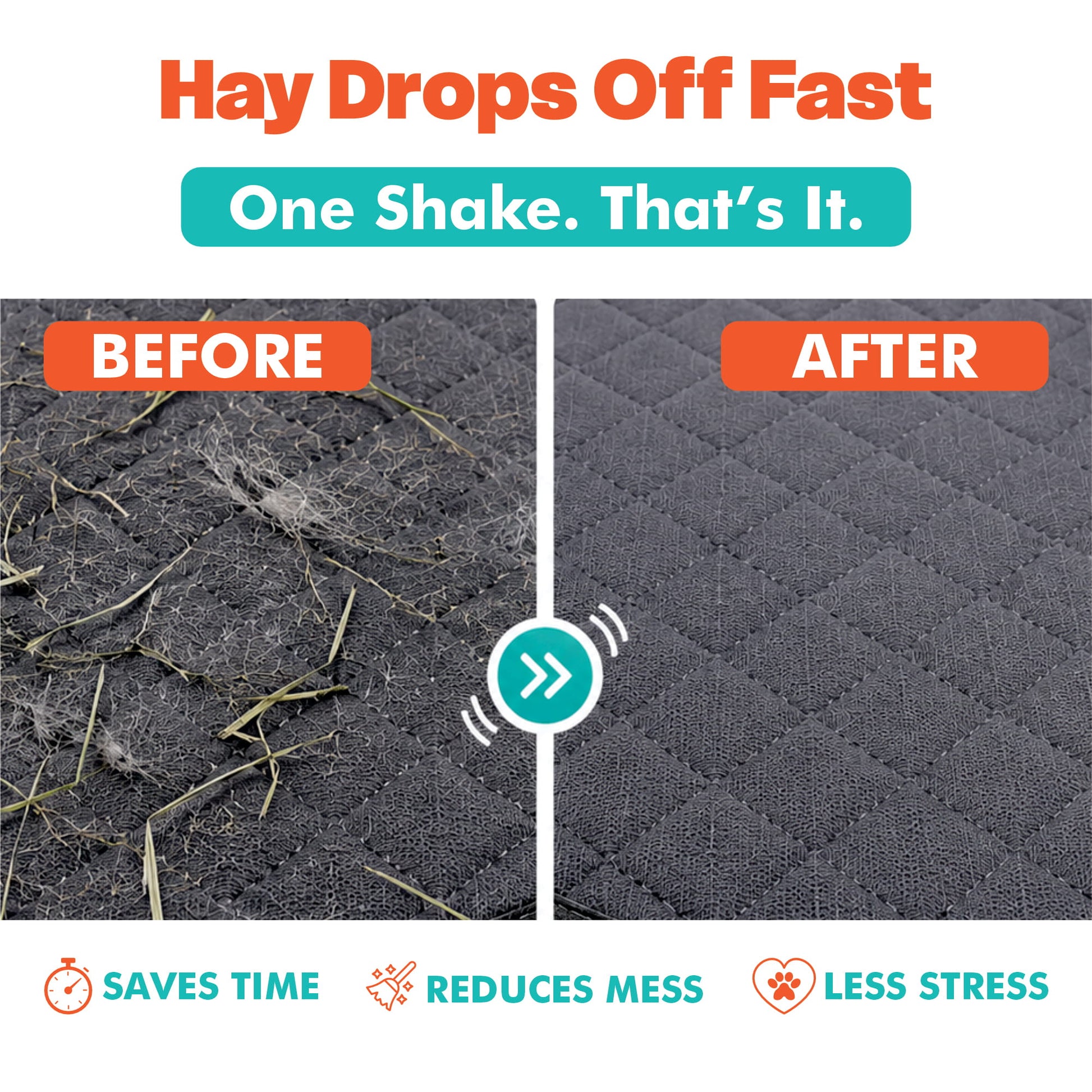 Promotional comparison graphic showing a dark quilted mat before and after cleaning. The left 'BEFORE' side shows loose hay and debris on the surface, while the right 'AFTER' side shows a clean, dust-free mat.
