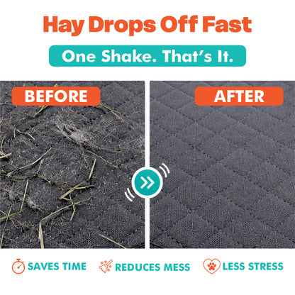 Promotional comparison graphic showing a dark quilted mat before and after cleaning. The left 'BEFORE' side shows loose hay and debris on the surface, while the right 'AFTER' side shows a clean, dust-free mat.