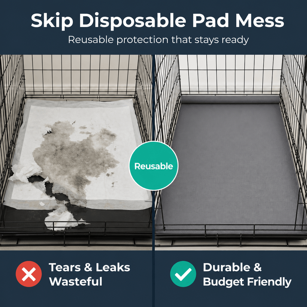 Reusable pet pad in a cage with text highlighting its benefits