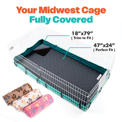 A white wire guinea pig cage with a dark gray quilted mat and teal trim, shown on a white background with text indicating fit sizes and three rolled pet blankets below.