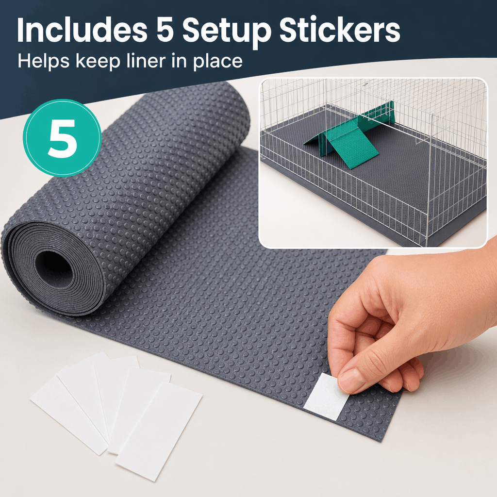 Gray mat with setup stickers for keeping liner in place in a pet cage.