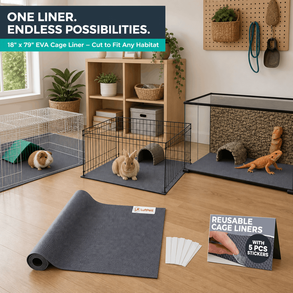 EVA cage liner set with guinea pigs, rabbits, and a lizard in their enclosures on a wooden floor.