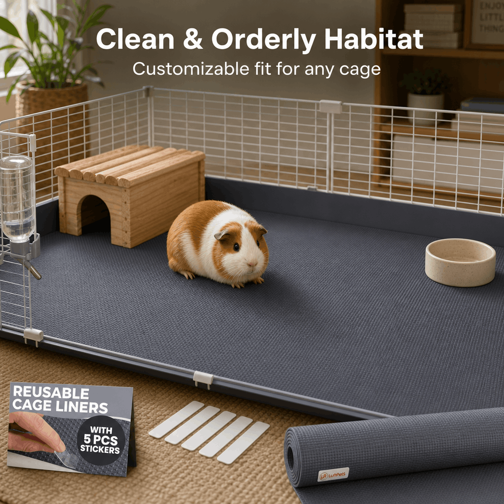 Pet cage with customizable fit, guinea pig inside, and reusable cage liner packaging.