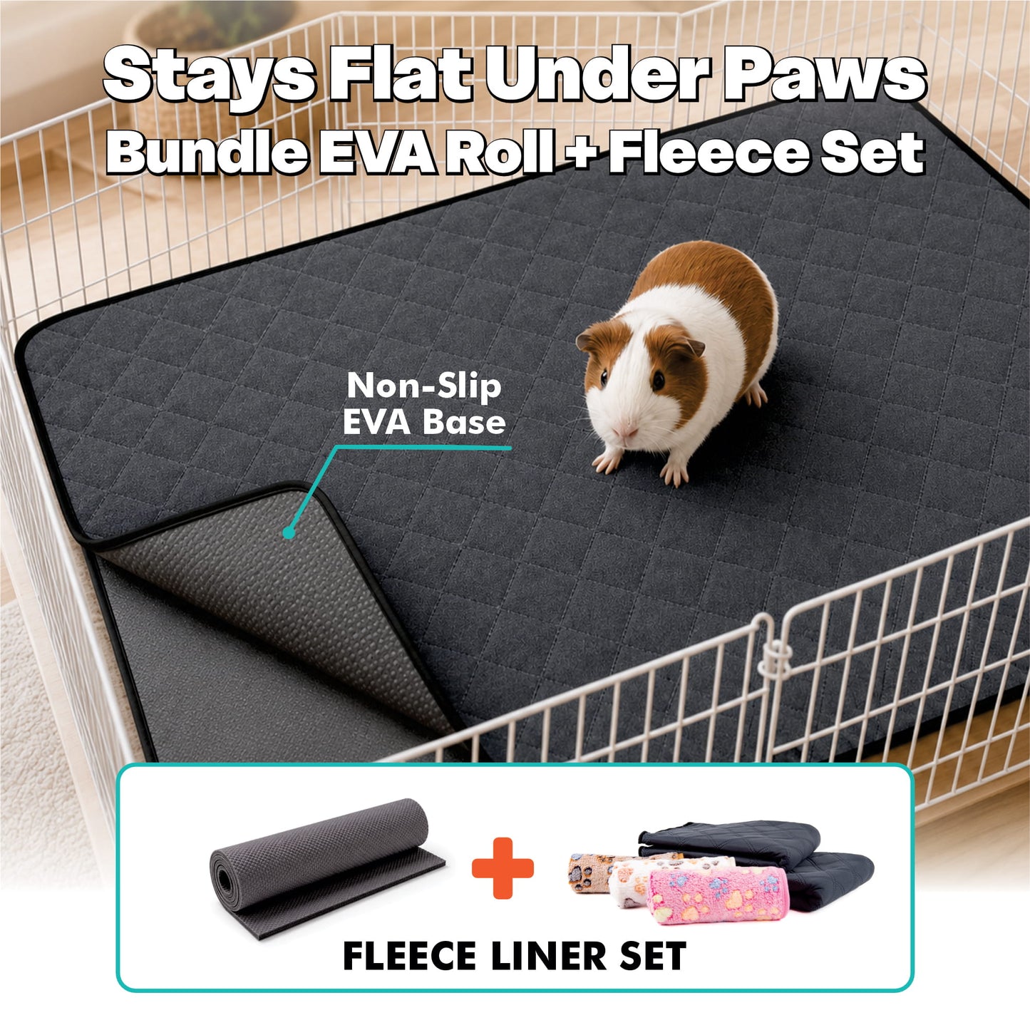 A guinea pig sits on a dark gray quilted pet pad inside a wire cage, with text reading 'Stays Flat Under Paws Bundle EVA Roll + Fleece Set.' A folded corner shows the black non-slip EVA base, and a lower inset shows included fleece liner items.