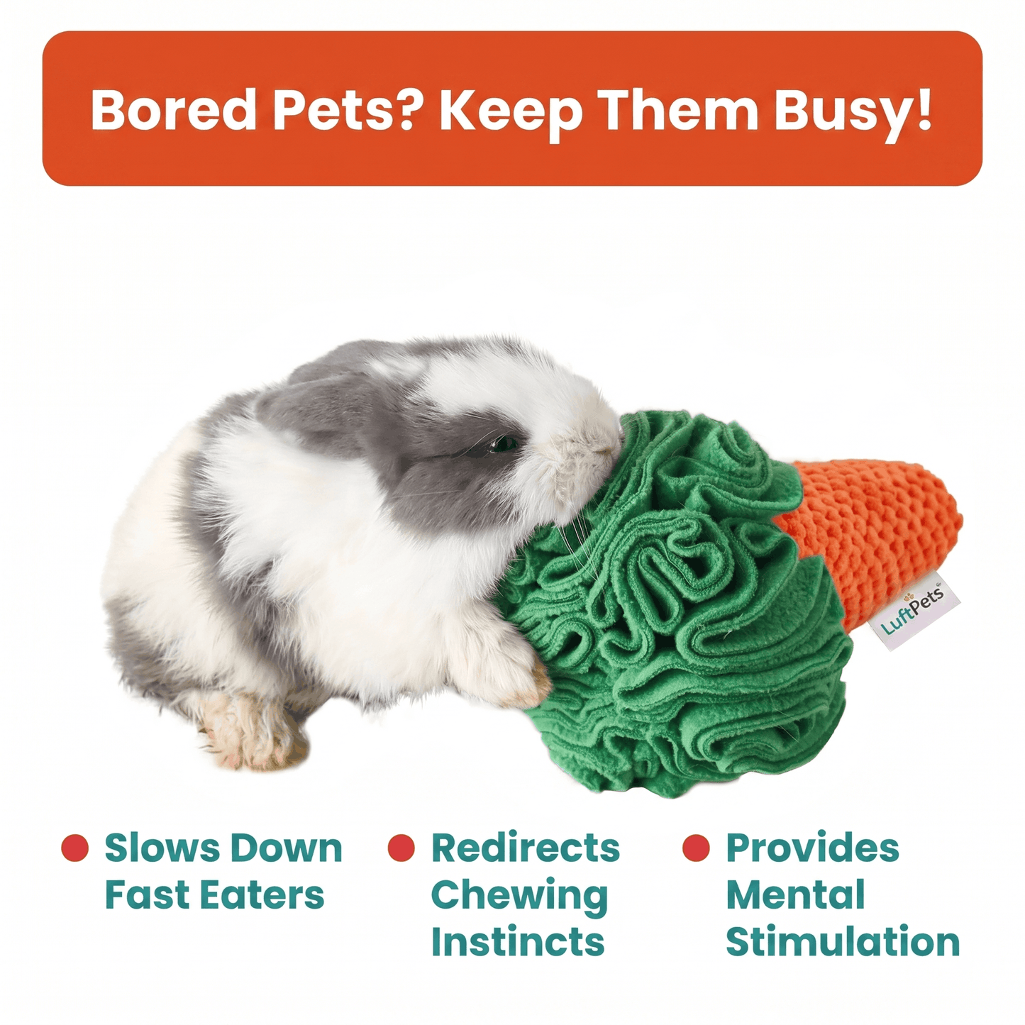 A gray and white rabbit is chewing on a textured green and orange pet toy. The image includes marketing text at the top and bottom, such as 'Bored Pets? Keep Them Busy!' and feature callouts about slowing down fast eaters, redirecting chewing instincts, and providing mental stimulation.