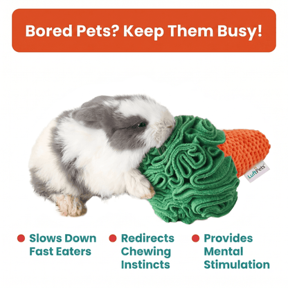 A gray and white rabbit is chewing on a textured green and orange pet toy. The image includes marketing text at the top and bottom, such as 'Bored Pets? Keep Them Busy!' and feature callouts about slowing down fast eaters, redirecting chewing instincts, and providing mental stimulation.