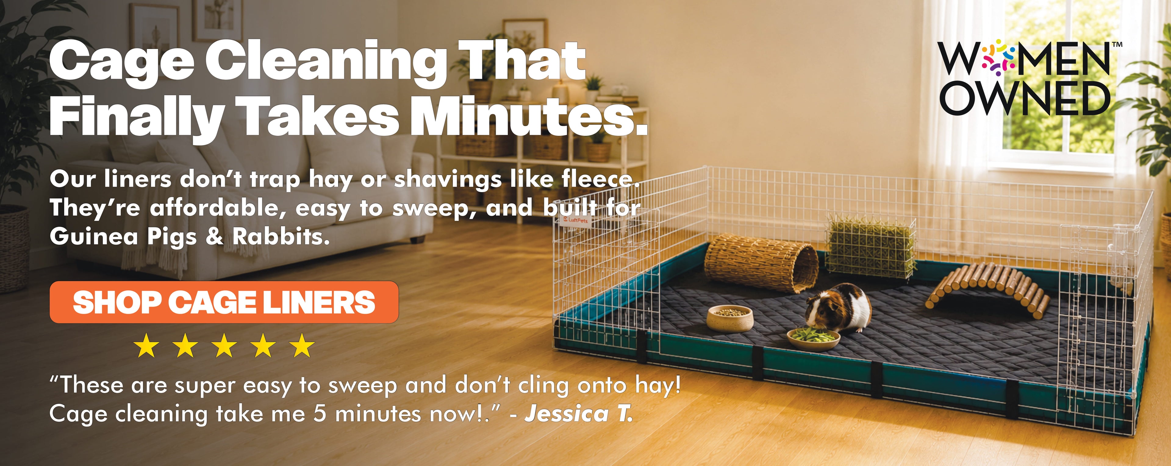 Cage cleaning system for small animals with text highlighting ease of use and affordability.