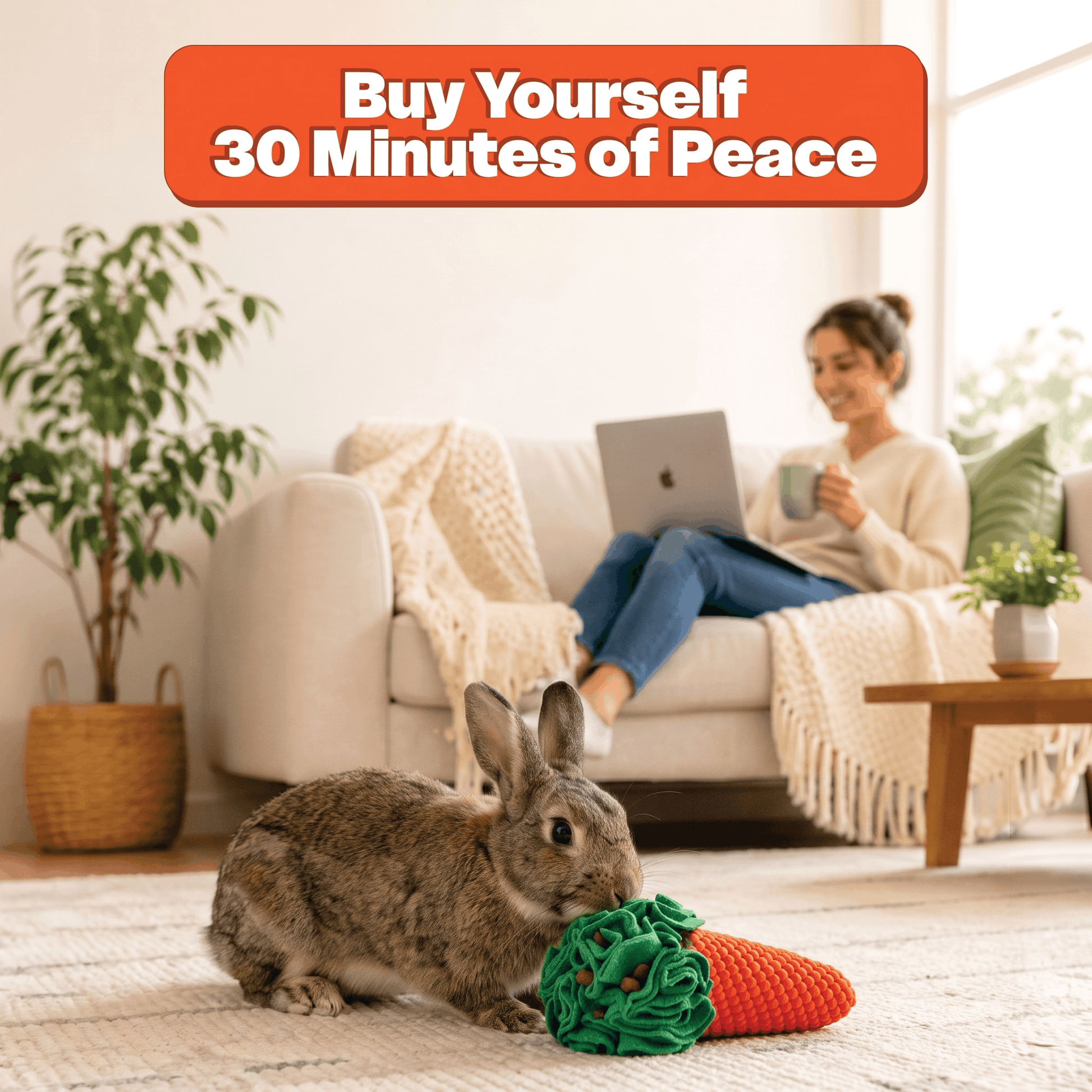 A rabbit sits on a light rug in a bright living room, chewing on a knitted carrot-shaped toy. A woman relaxes on a cream sofa in the background using her laptop.