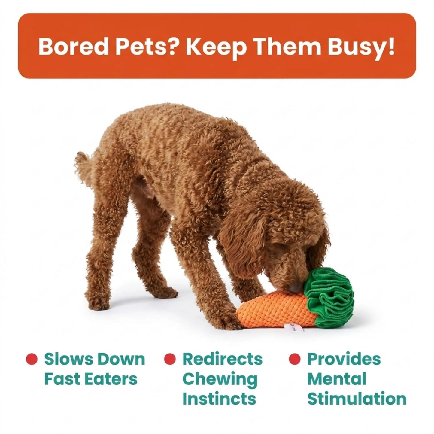 Dog playing with a carrot-shaped toy on a white background with text about keeping pets busy.