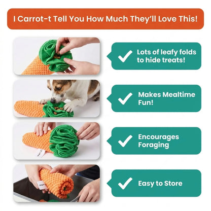 Dog toy carrot with text highlighting features and benefits
