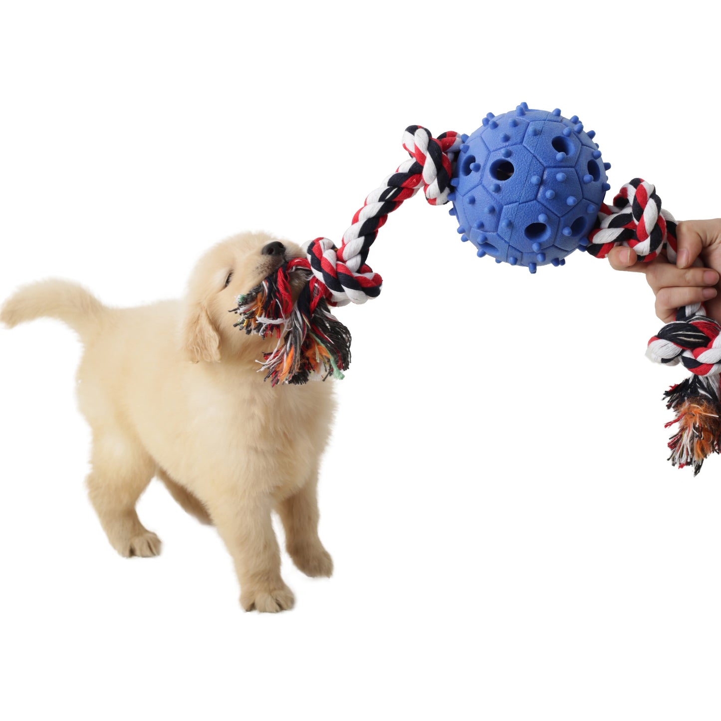 Dog Chew Toy with Tug of War Rope & Treat Dispenser Rubber Ball