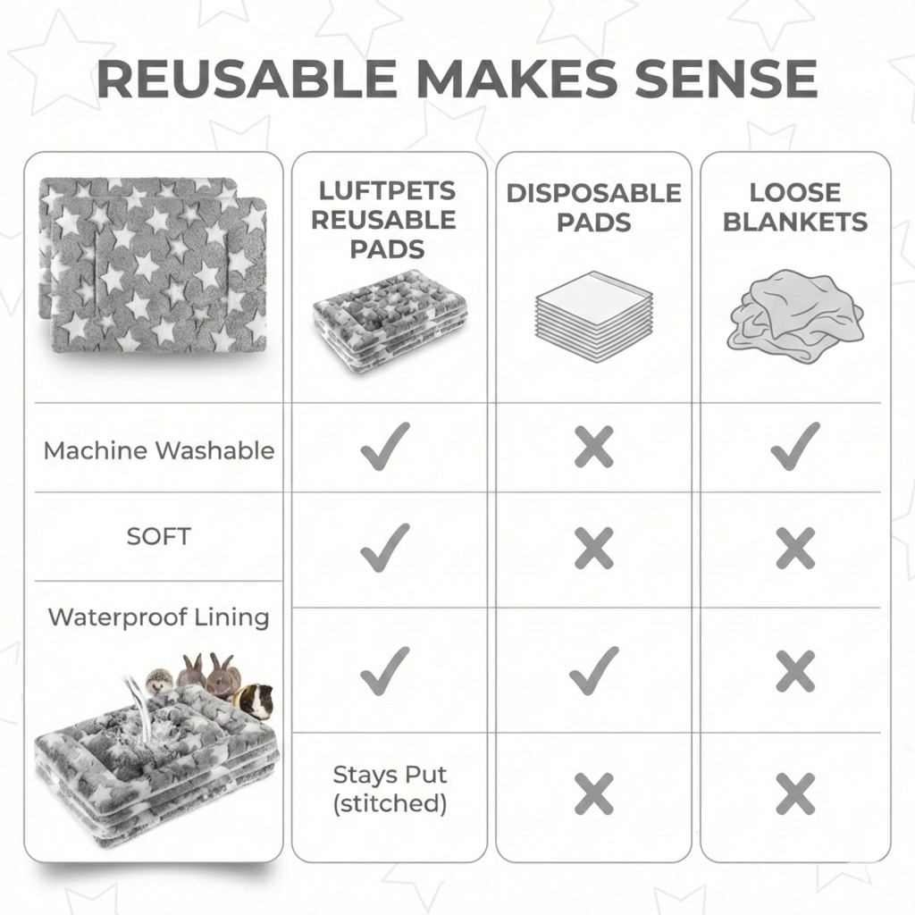 Comparison chart of Luftpets reusable pads versus disposable pads and loose blankets.