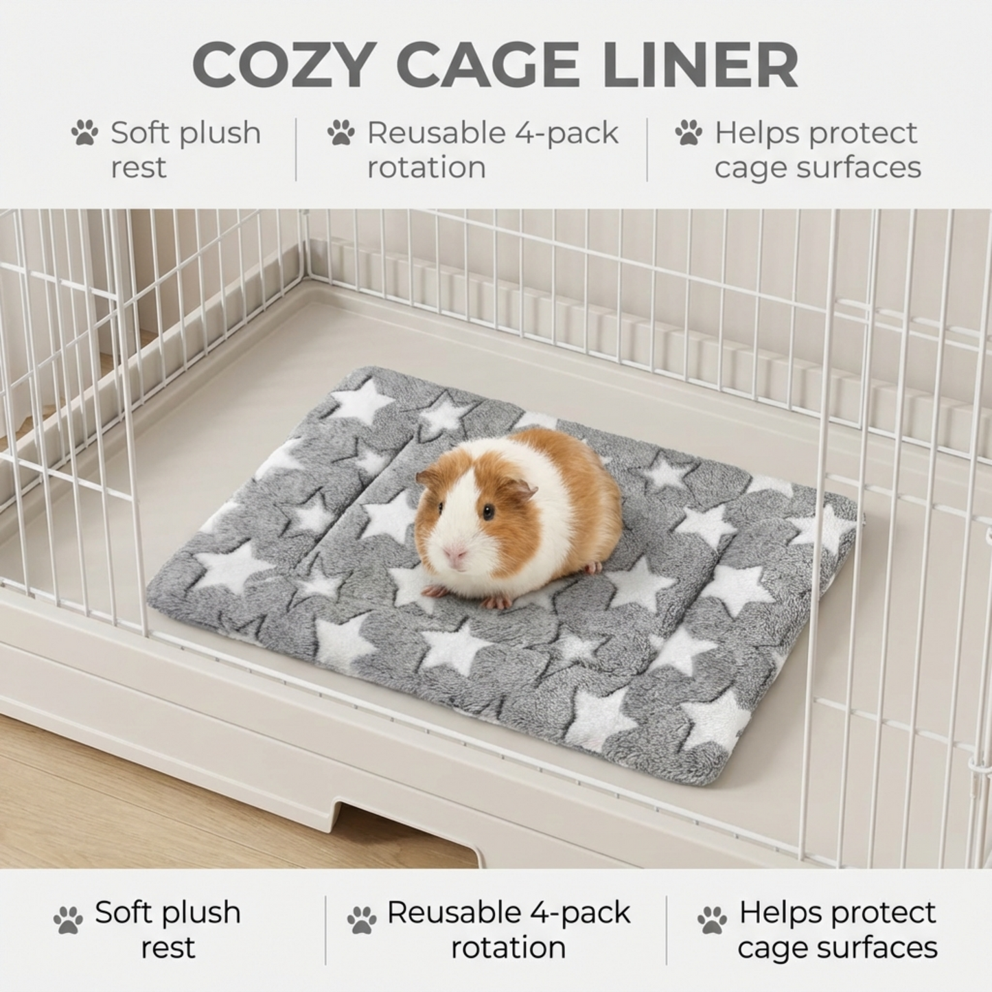 Cozy cage liner with a guinea pig on a star-patterned mat inside a pet cage.