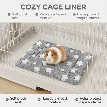 Cozy cage liner with a guinea pig on a star-patterned mat inside a pet cage.