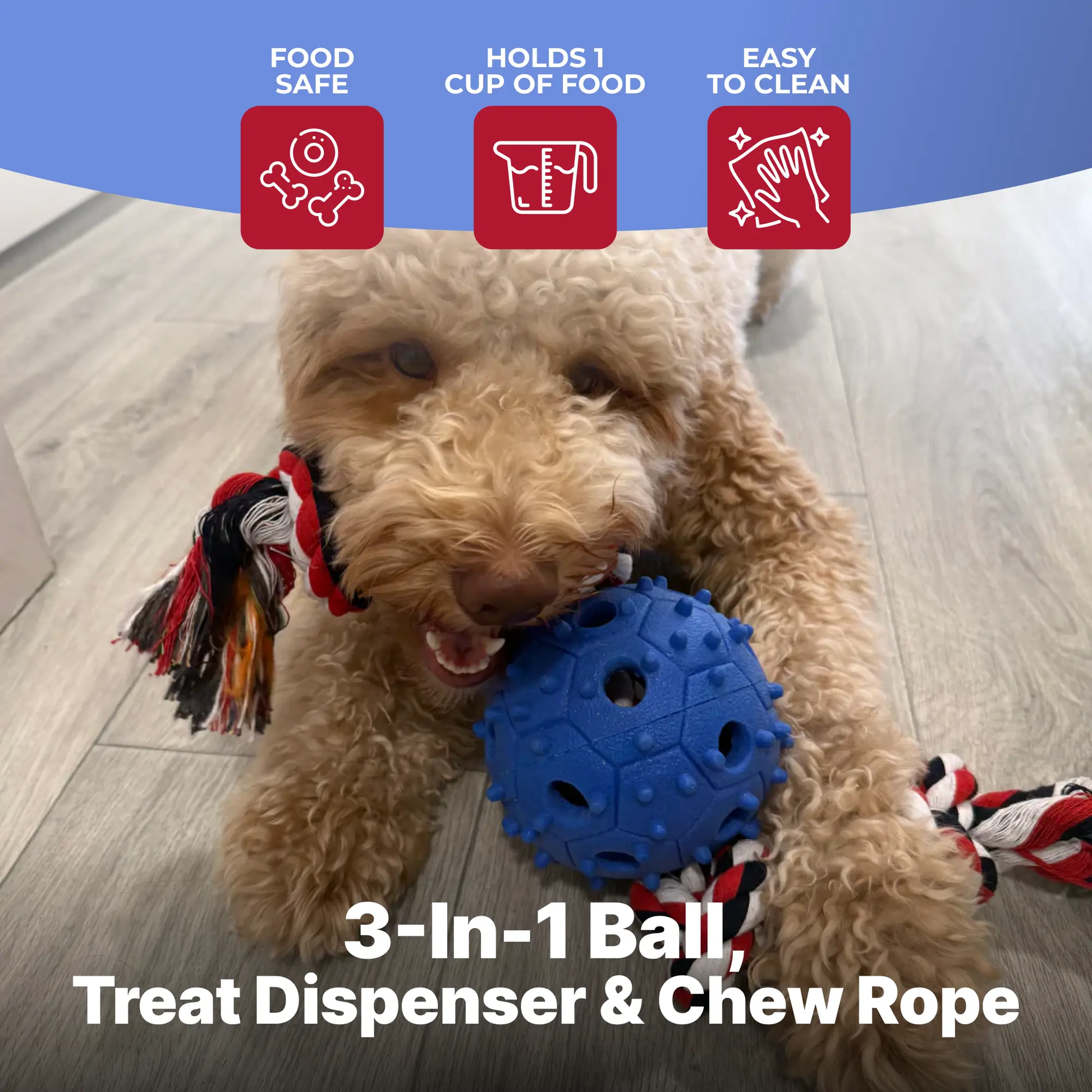 Dog Chew Toy with Tug of War Rope Treat Dispenser Rubber Ball