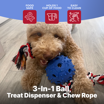 Dog Chew Toy with Tug of War Rope & Treat Dispenser Rubber Ball