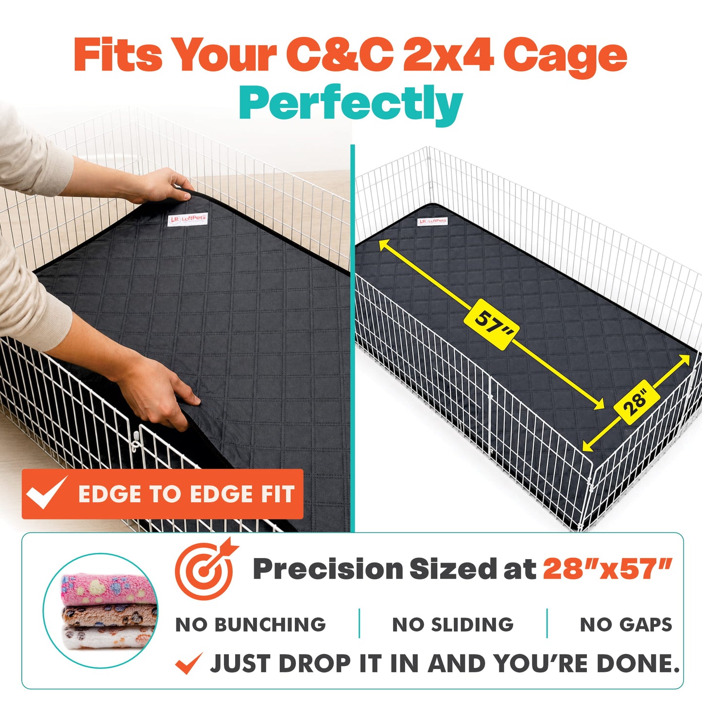 Pet cage mat being fitted into a Midwest cage with measurements and text highlighting features.