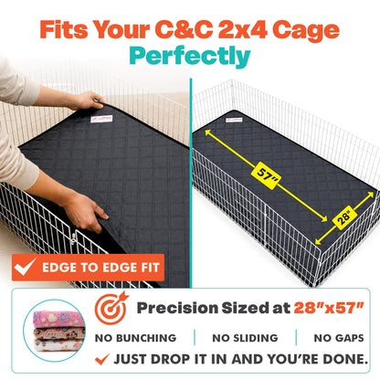 Pet cage mat being fitted into a Midwest cage with measurements and text highlighting features.