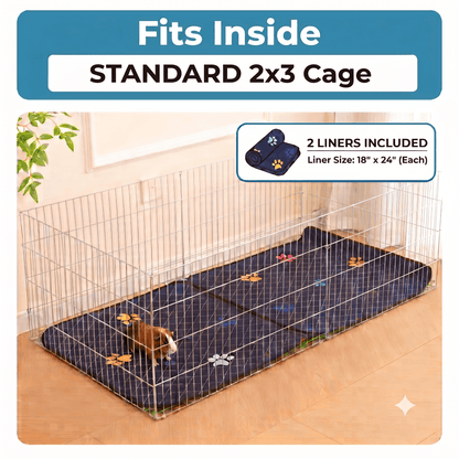 A pet playpen cage made of silver metal wire panels, shown with a dark navy blue padded mat inside. A small guinea pig is visible on the mat.