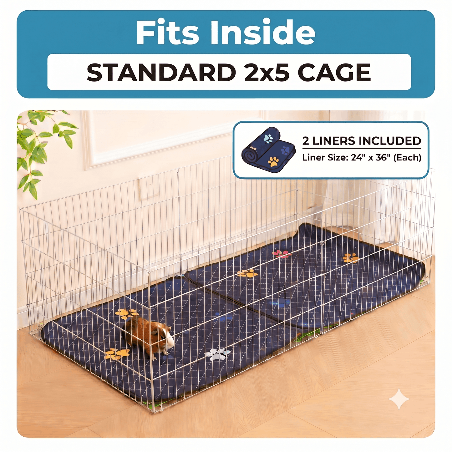 A pet playpen cage with a wire grid design shown with a small guinea pig inside. The cage is fitted with a dark blue cushioned mat featuring paw print patterns.