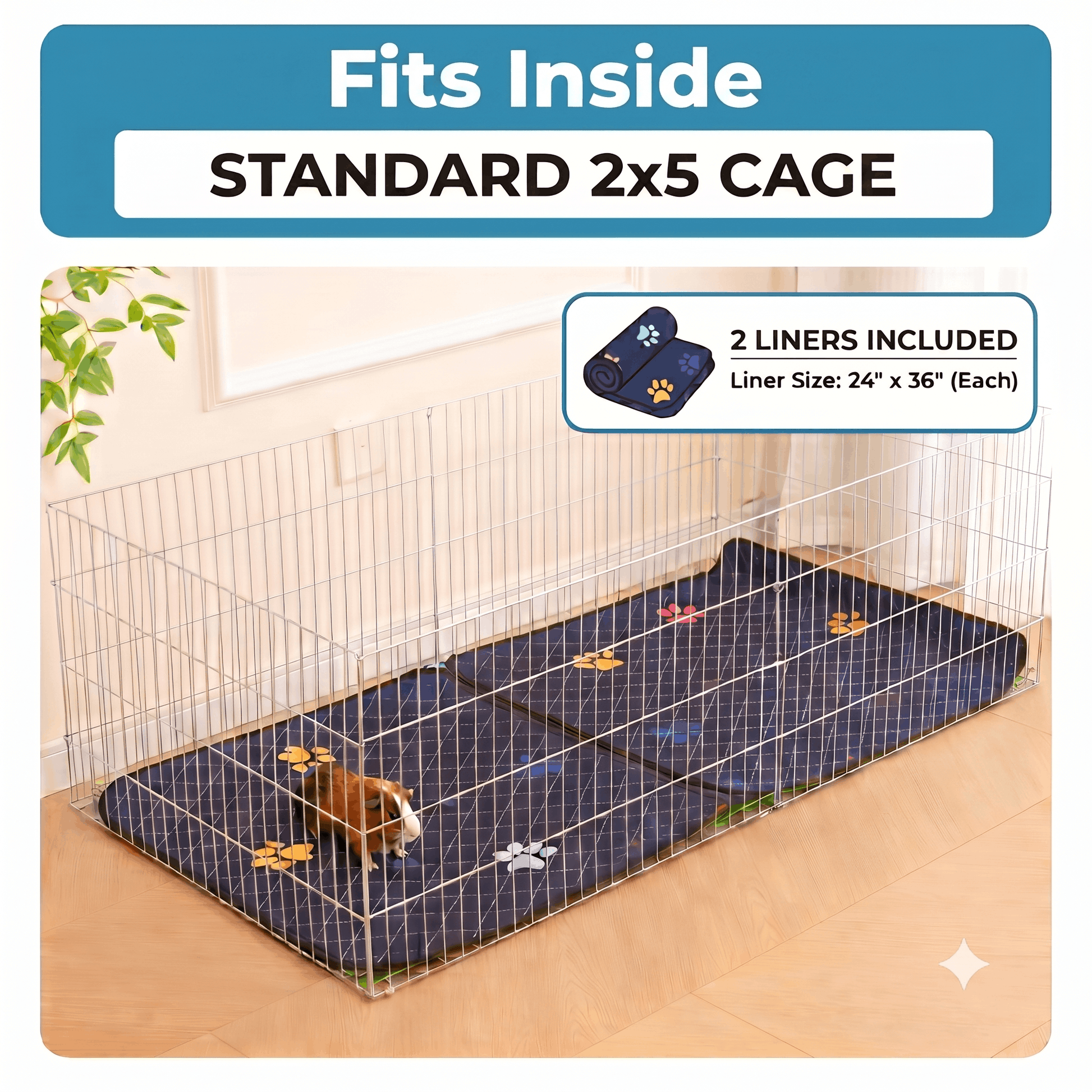 A pet playpen cage with a wire grid design shown with a small guinea pig inside. The cage is fitted with a dark blue cushioned mat featuring paw print patterns.