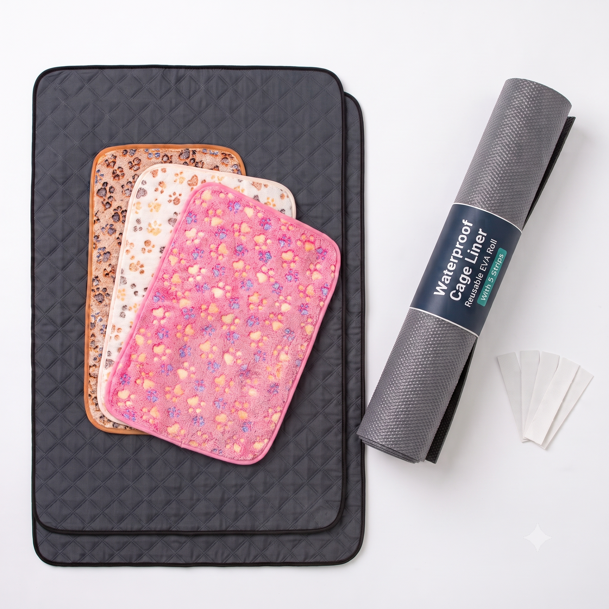 A set of waterproof pet mats and liners shown on a clean white background. The set includes a dark gray quilted mat with three patterned mats underneath (brown paw prints, beige paw prints, and pink heart prints), a rolled-up dark gray liner with a black label reading 'Waterproof Carpet Liner', and three small white liner sheets.