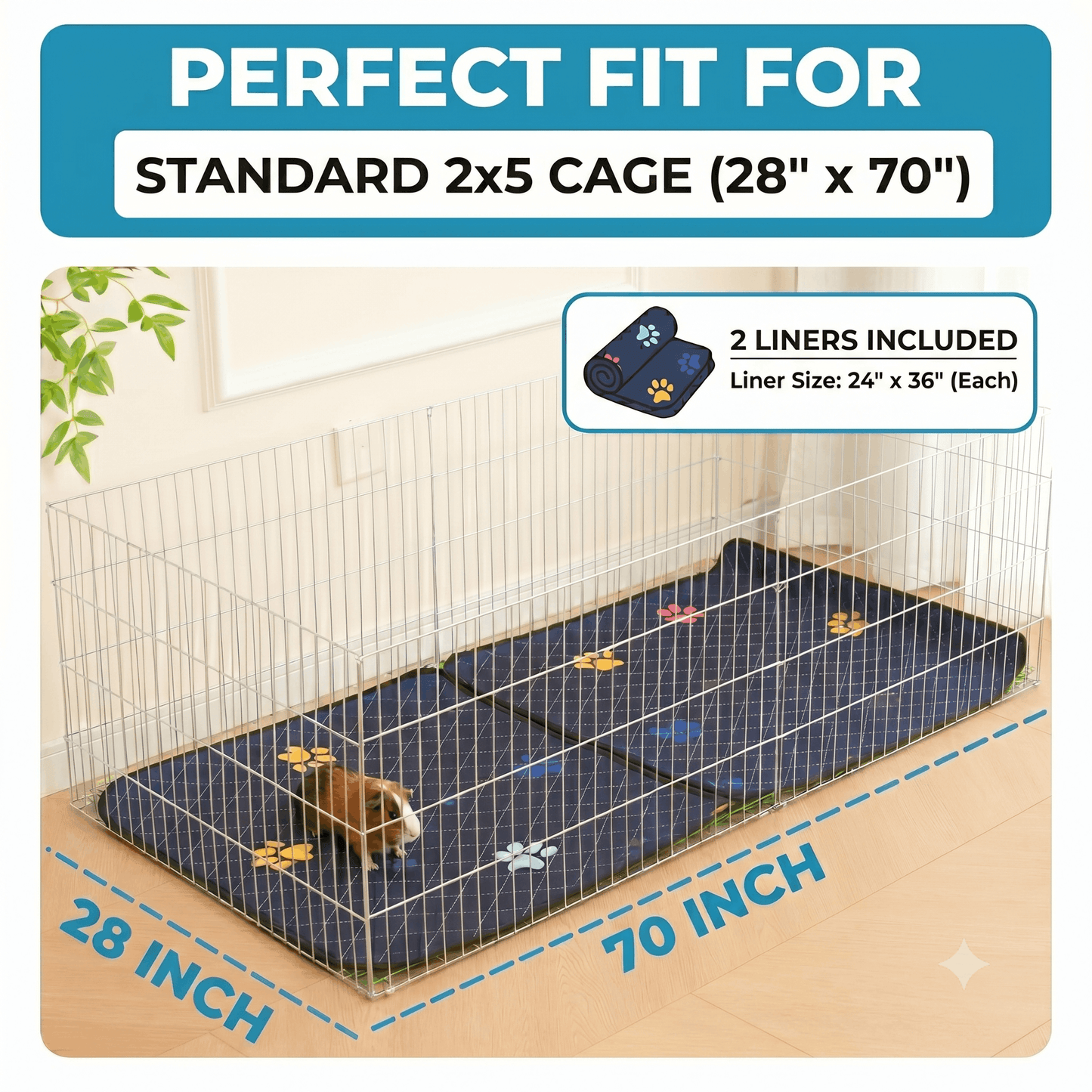 Pet cage with blue liner and dimensions labeled, including 'Perfect Fit for Standard 2x5 Cage'.