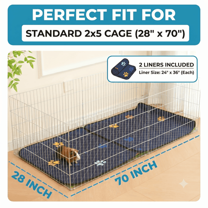 Pet cage with blue liner and dimensions labeled, including 'Perfect Fit for Standard 2x5 Cage'.