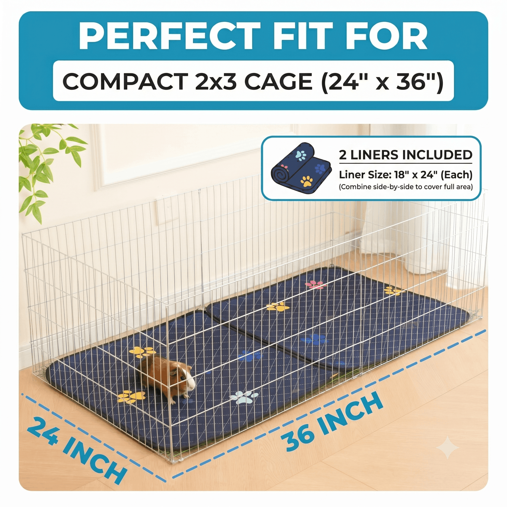 Pet cage mat with liner included for a compact 2x3 cage, showing dimensions and liner size.