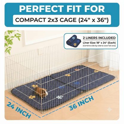 Pet cage mat with liner included for a compact 2x3 cage, showing dimensions and liner size.