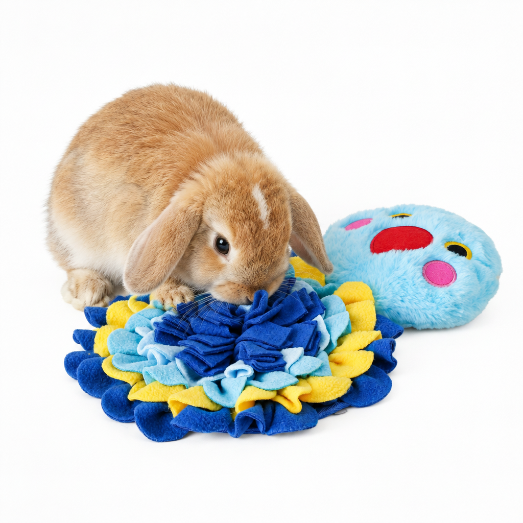 Rabbit snuffle mat – bunny foraging in the Snuffle Tweetz bird mat