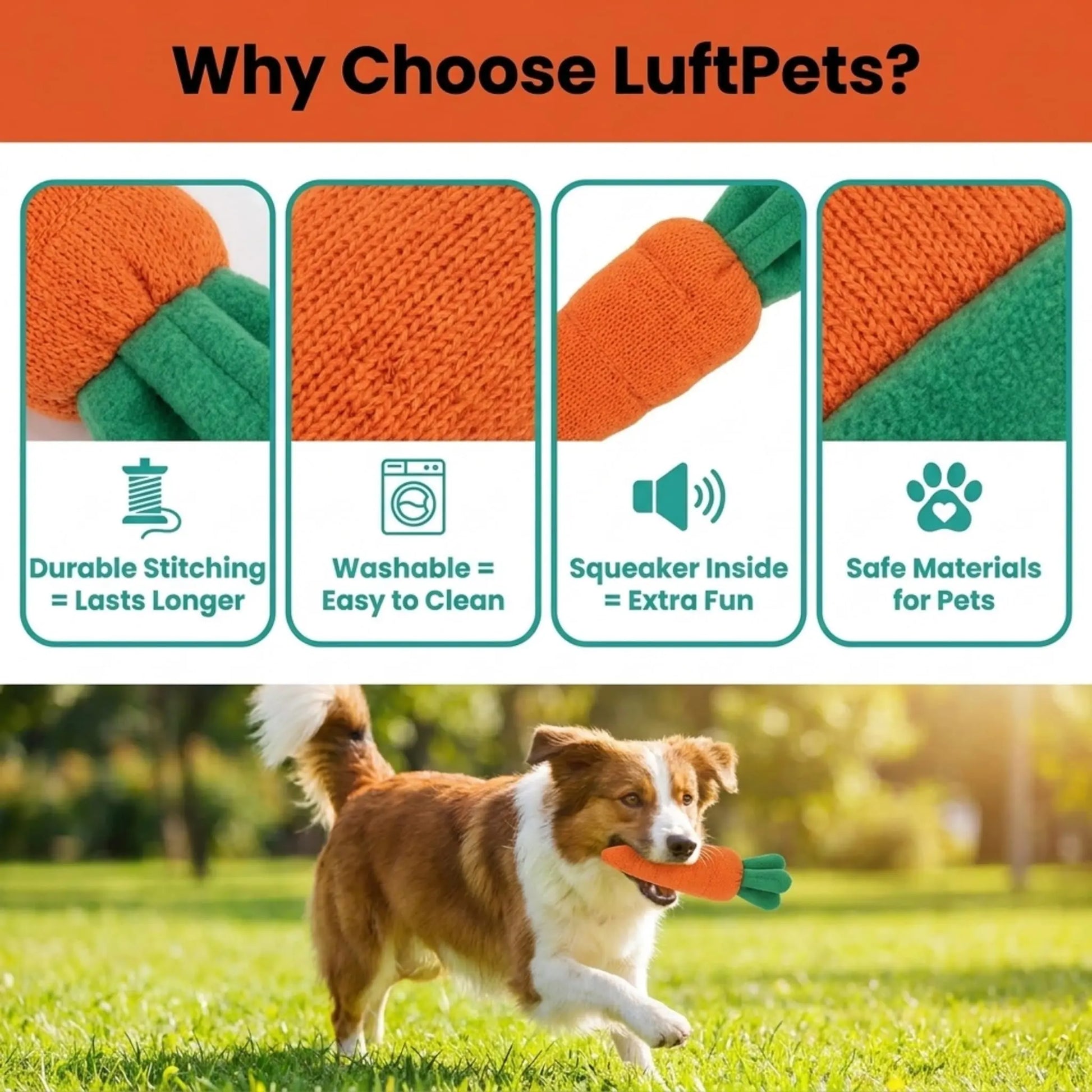 LuftPets dog toy with features listed and a dog playing with it outdoors.