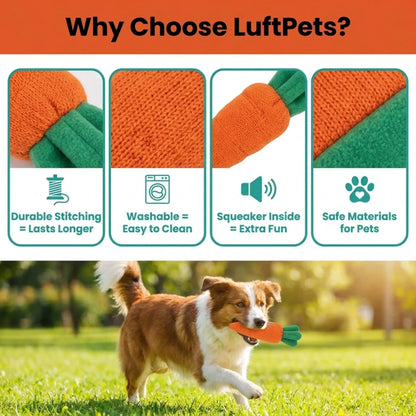 LuftPets dog toy with features listed and a dog playing with it outdoors.