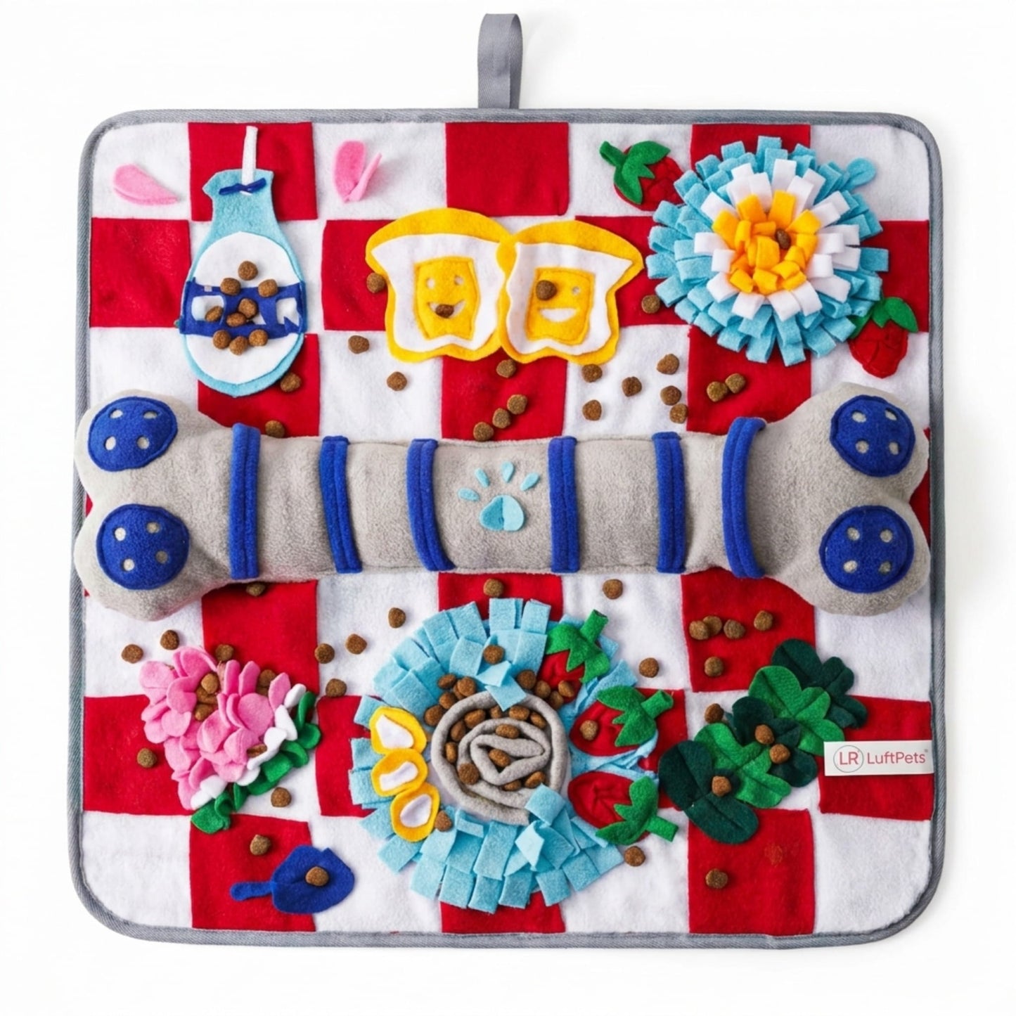 Colorful pet mat with various designs on a white background