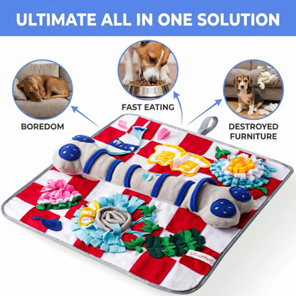 Dog activity mat with various toys and features on a blue background