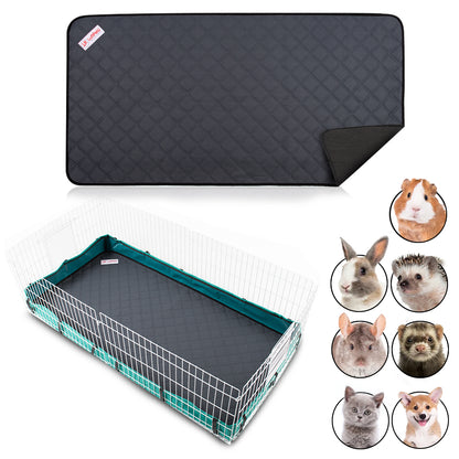 A set of black cage liners for rabbits and guinea pigs displayed alongside a Midwest cage habitat, with small pets like rabbits and guinea pigs shown on the side.