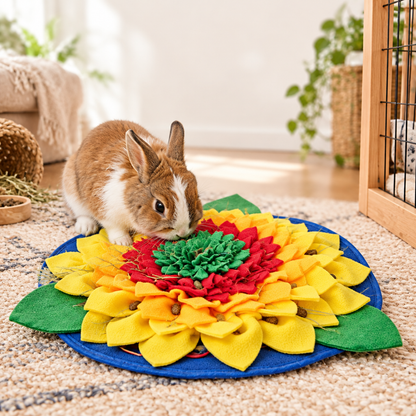 Rabbit foraging in the sunflower mat at home