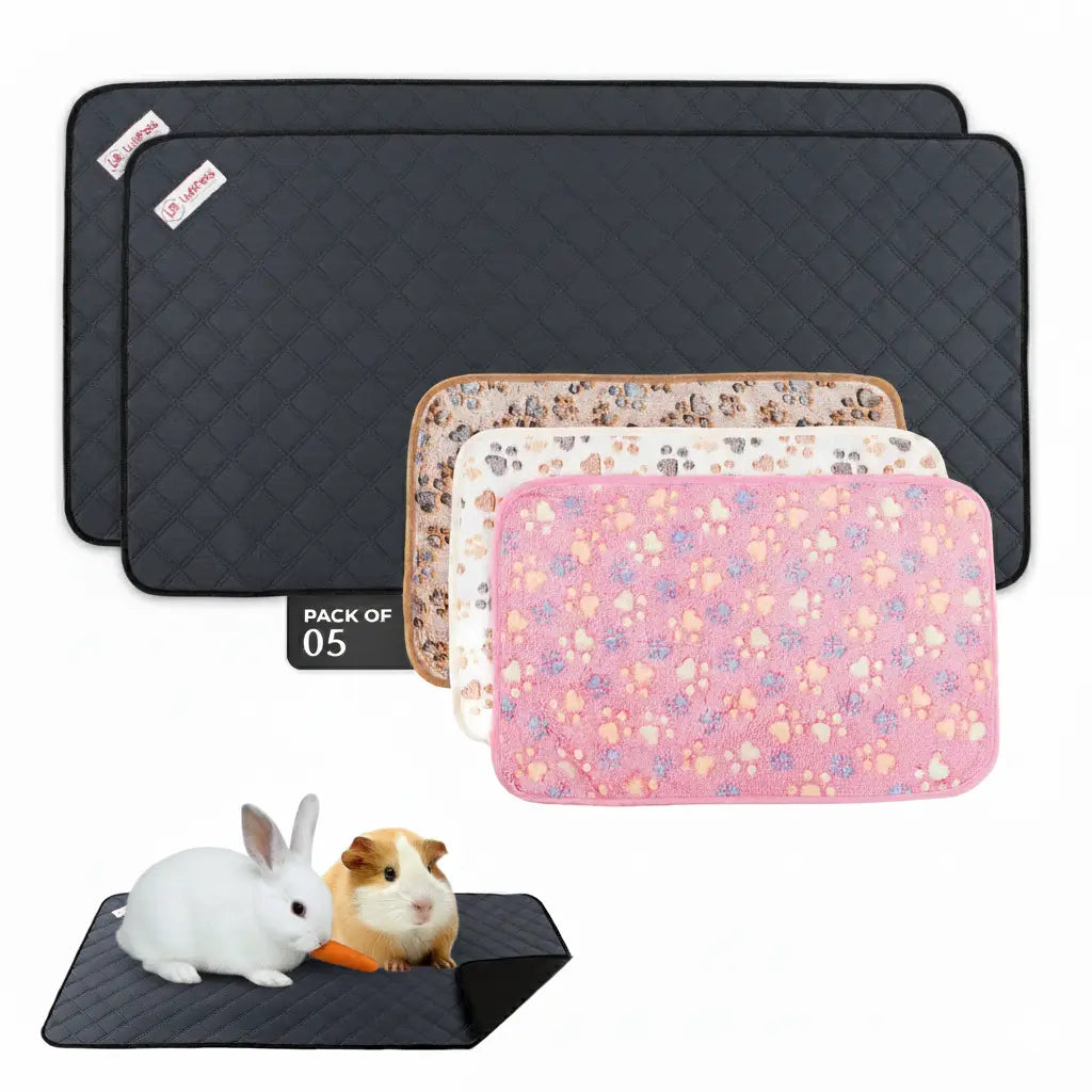 Washable Rabbit &  Guinea Pig Cage Liners -  Value Pack 5-Piece - Two Midwest or C&C 2X4 Bedding Mats and 3 Fleece Blankets LUFTPETS